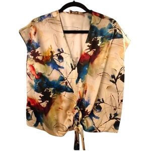 Go Silk NWOT Deep V Art Color Tie Knot 100% Silk Blouse Painted Floral Top-XS